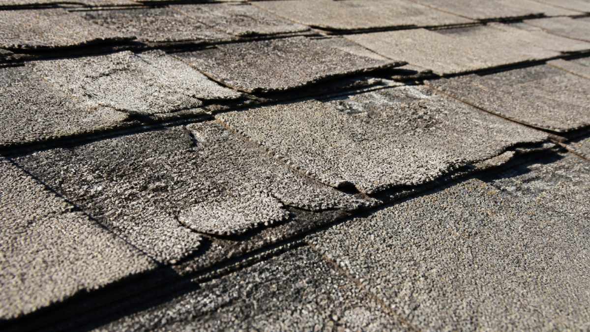 Close-up of aging asphalt shingle roof surface showing faded gray color, curled edges, and granule loss in natural sunlight
