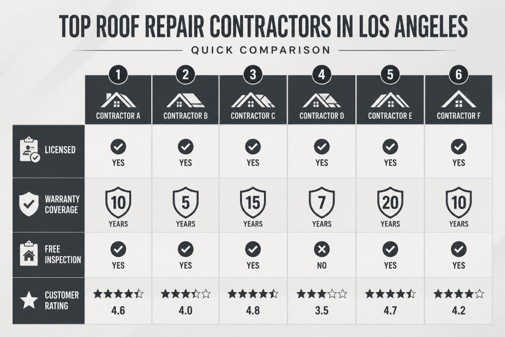 Comparison matrix of six roof repair Los Angeles contractors detailing licensing, warranties, and ratings