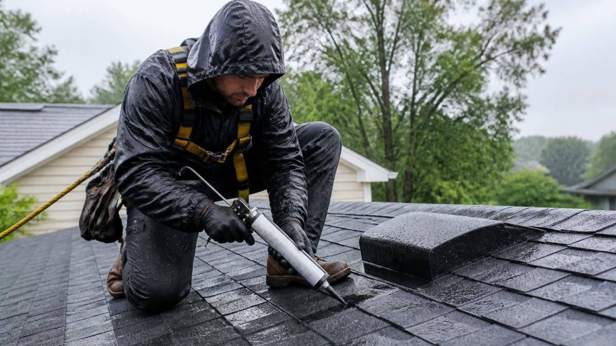 Professional roofer in safety harness and non-slip footwear applying waterproof sealant to wet roof shingles during light rain, demonstrating proper technique and protective equipment on residential home