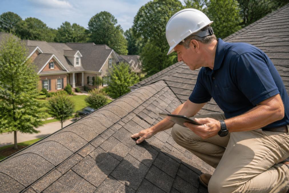 A professional roofing contractor in work attire conducting a detailed roof inspection with a tablet on a residential home in a suburban Atlanta neighborhood