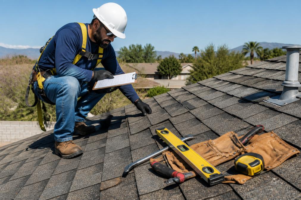 Professional roofing contractor in full safety gear, hard hat, harness, gloves, conducting detailed roof inspection with clipboard and measurement tools, examining shingles and flashing in bright daylight