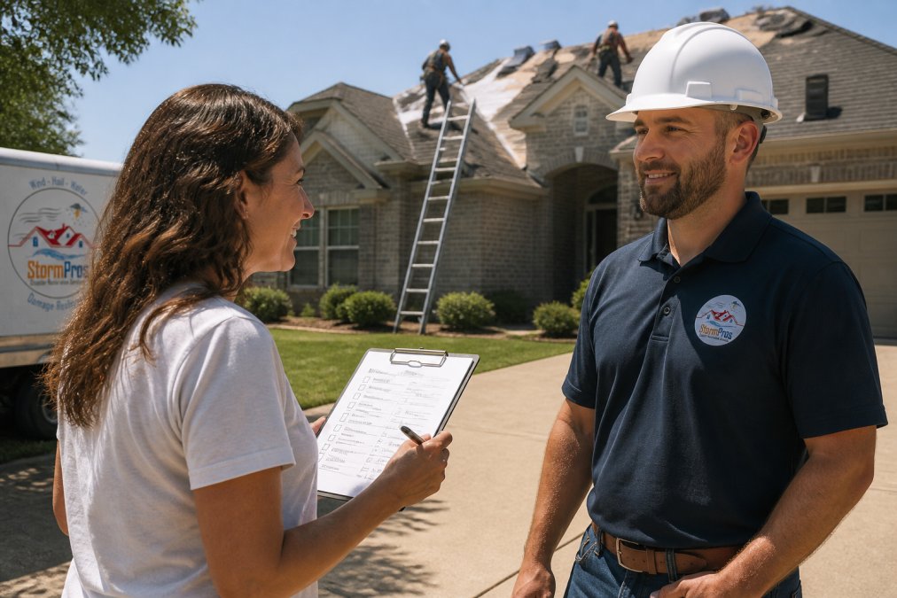Homeowner reviewing a project with a contractor, one of the best roofing companies in Texas 2026, outside a home.
