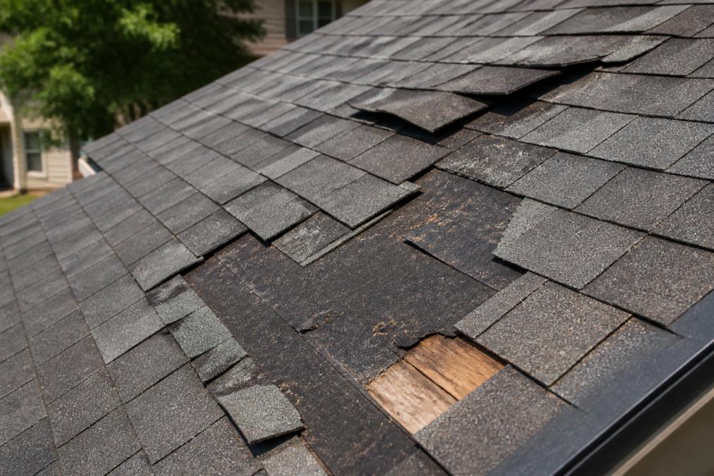 Close-up of residential roof shingles showing visible wind damage including lifted edges, missing sections, and exposed underlayment with clear daylight revealing the damage pattern