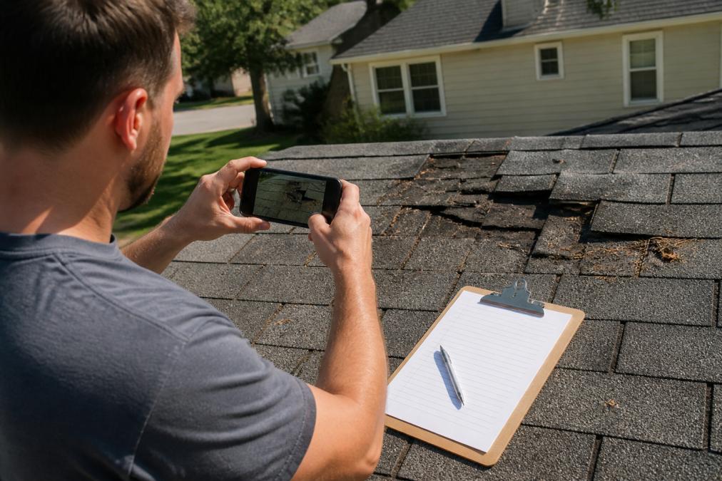 Homeowner using smartphone to photograph damaged roof section, with clipboard containing written damage notes visible nearby, demonstrating the documentation process in action with natural daylight