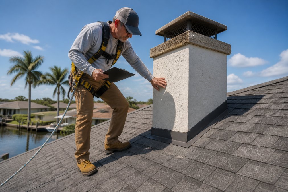 Roofing inspector checking chimney flashing, demonstrating the diligence of the best roofing contractors in Manatee County.