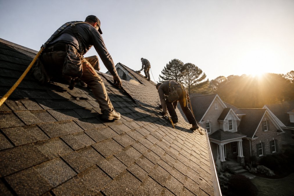 Professional roofing crew installing architectural shingles on residential home with safety harnesses and equipment visible, morning sunlight across roof
