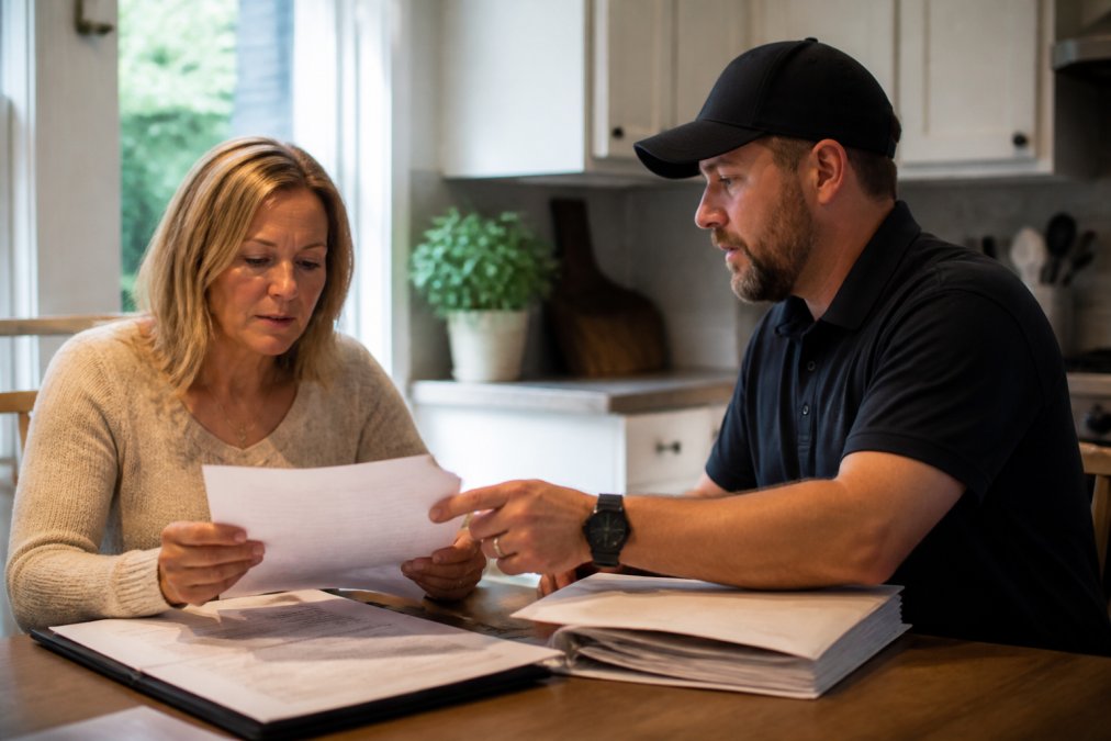 Homeowner reviewing roofing contractor license and insurance documents at kitchen table during consultation, natural afternoon light through window