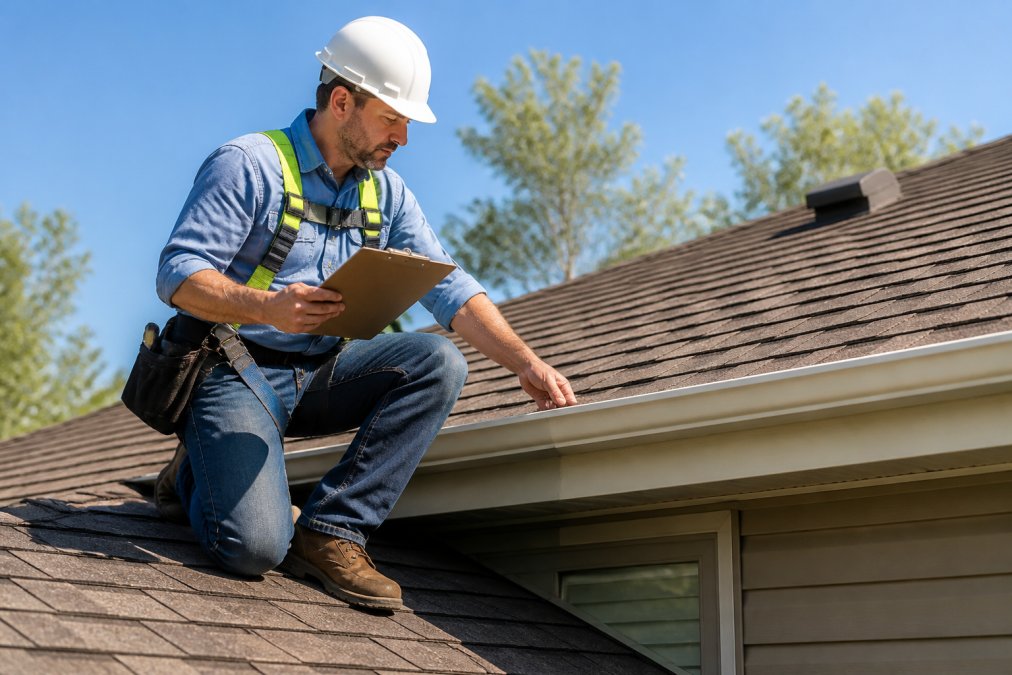 Licensed roofing contractor wearing safety harness and hard hat conducting thorough roof inspection on residential asphalt shingles, examining gutters and roof ventilation with clipboard in hand