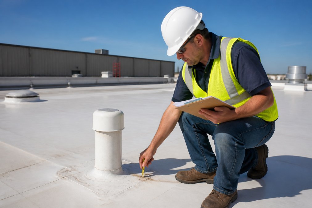 Commercial roofing inspector documenting flat roof condition on warehouse, examining TPO membrane and roof penetrations with measurement tools and clipboard in professional setting