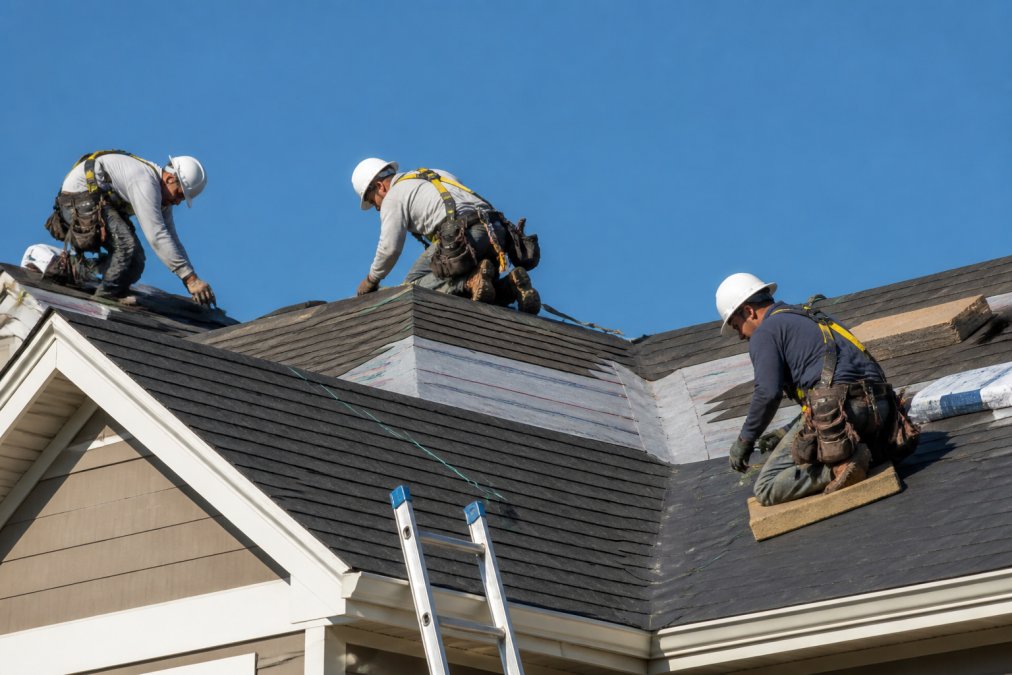Professional roofing crew in safety gear installing asphalt shingles on a residential home in Pennsylvania, clear blue sky overhead