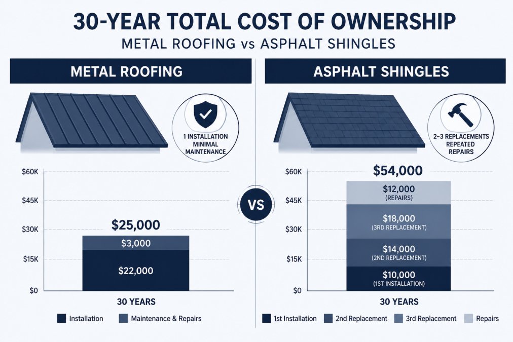 Bar chart comparing 30-year costs of metal versus asphalt roofing in harsh Montana winters.