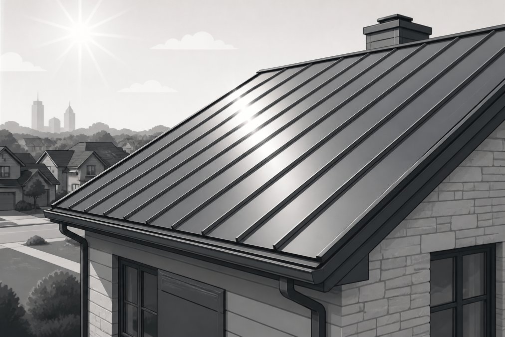Close-up of a standing seam metal roof installed on a residential home in a suburban Oklahoma neighborhood, showing the raised seams and reflective silver surface under bright afternoon sunlight, with green trees visible in the background