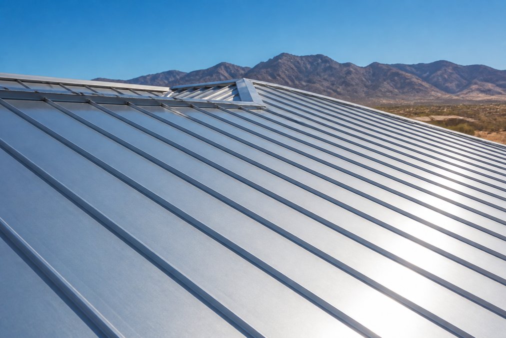 Close-up of standing seam metal roof panels gleaming in bright desert sunlight, showing interlocking seams and reflective silver finish with distant desert mountains and clear blue sky in background
