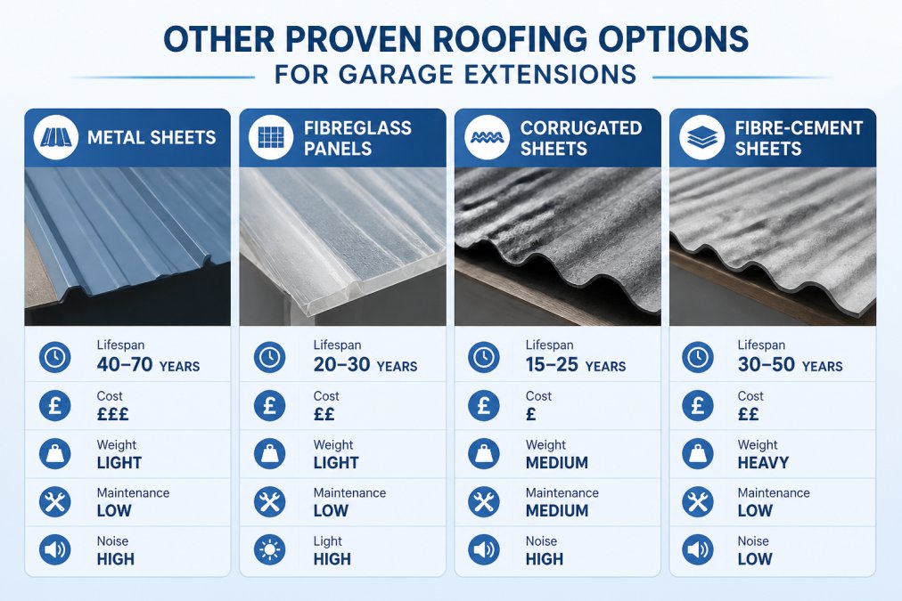 Close-up of various roofing material samples laid out side by side, showing texture and colour differences between metal sheets, fibreglass panels, corrugated sheets, and fibre-cement in natural daylight