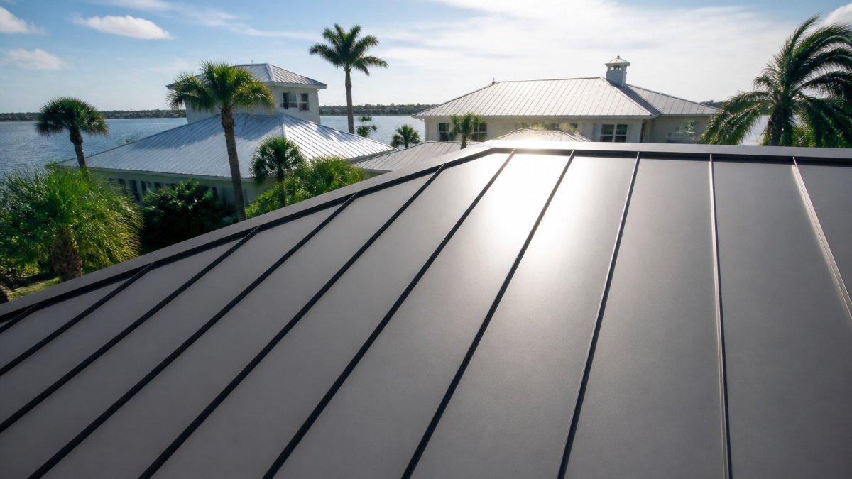 Close-up of a standing seam metal roof on a coastal Florida home, sunlight reflecting off the panels, palm trees in the background