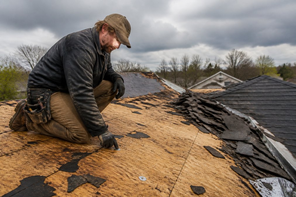Contractor inspecting roof deck fasteners and underlayment after storm damage to evaluate best roofing materials for high