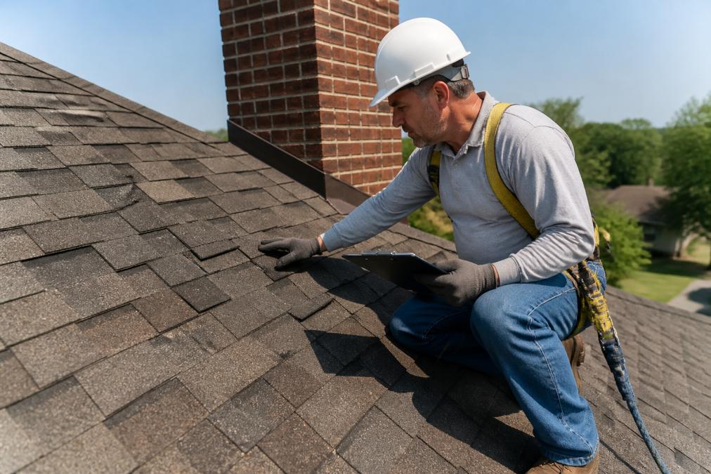 Professional roofer in safety harness inspecting residential roof shingles with clipboard, examining material quality and installation details under bright daylight