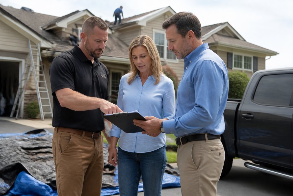 Homeowner meeting with insurance adjuster and roofing contractor on residential property, reviewing damage documentation and claim paperwork together on clipboard
