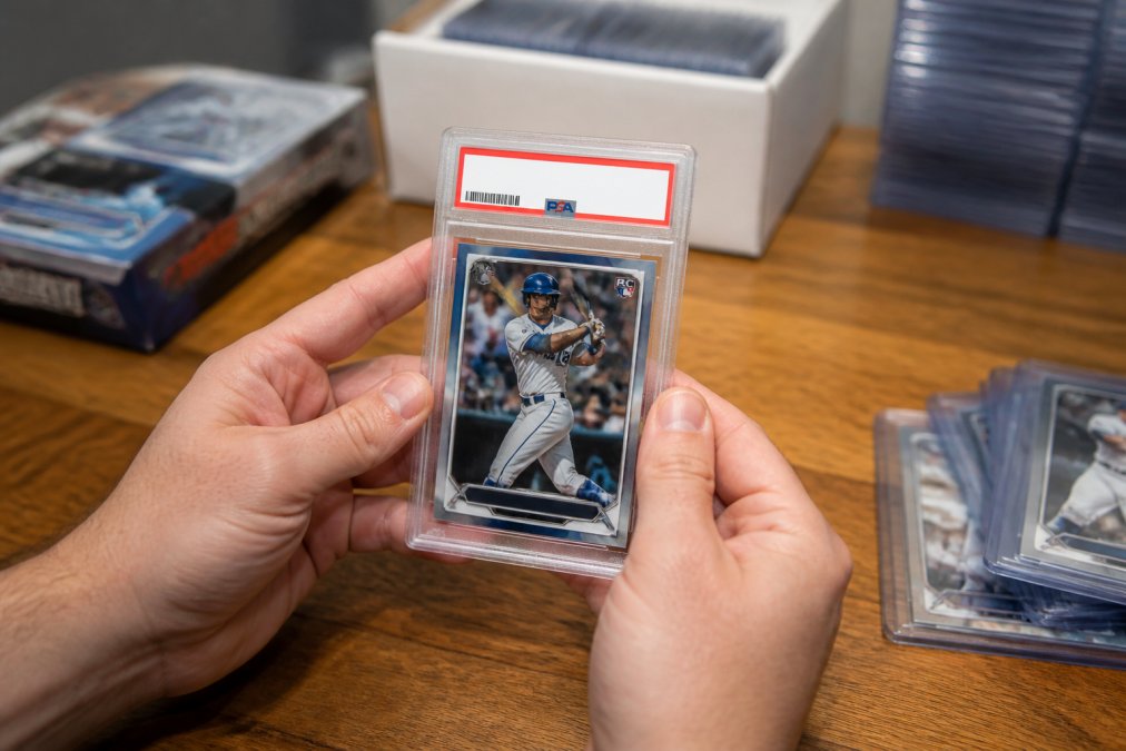A close-up of a collector's hands holding a PSA-graded rookie card in a protective case, with a soft-focus background of card supplies and a hobby box on a wooden table