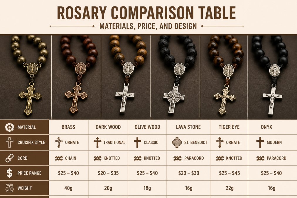 Close-up of multiple rosaries displayed side by side on a dark surface, showing different bead materials including brass, wood, and stone beads, with varying crucifix styles and cord colors in natural lighting