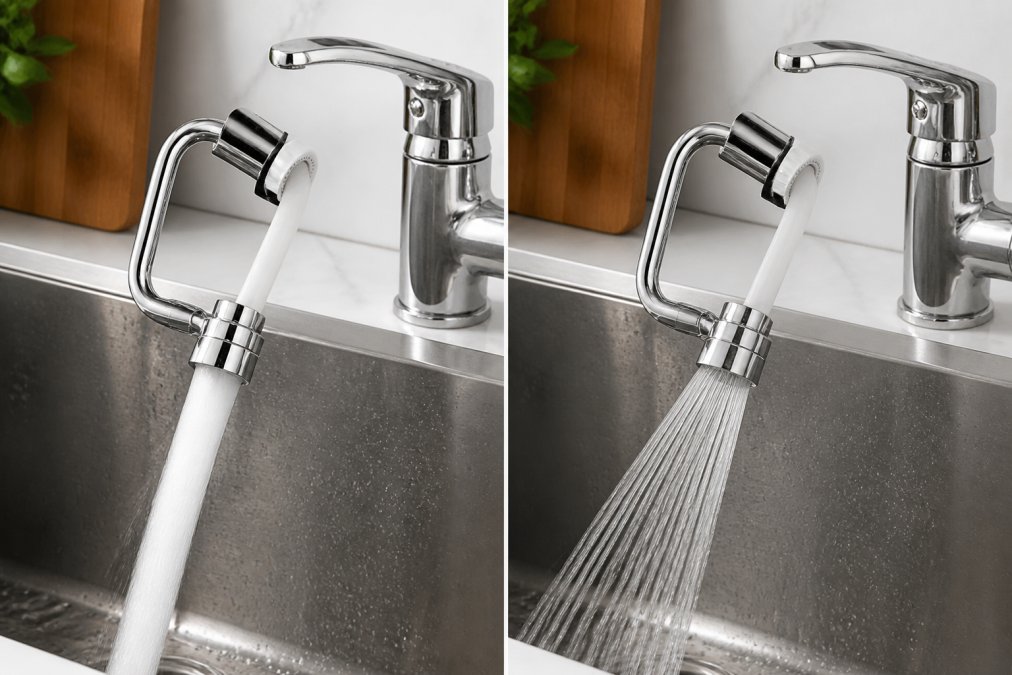 Close-up of water flowing from a rotatable faucet extender installed on a kitchen sink, showing the dual spray modes in action with water contained within the basin