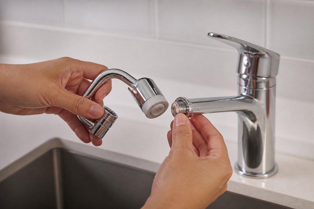 Hands installing a swivel faucet extender onto a standard kitchen faucet, showing the thread adapter connection and dual spray mode nozzle assembly