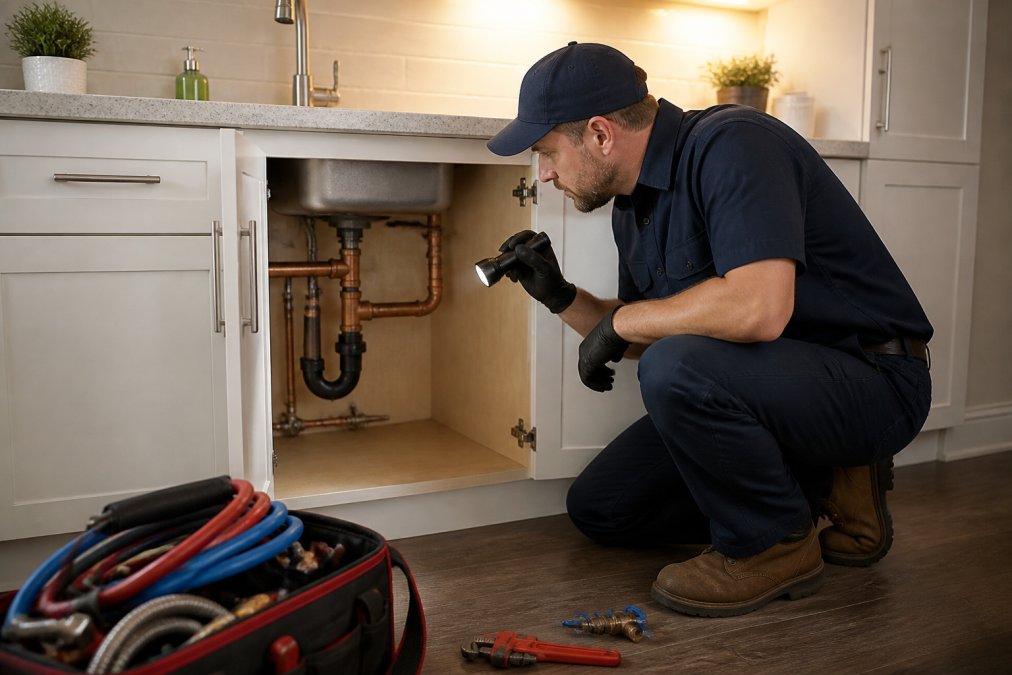 Professional plumber inspecting copper pipes under a kitchen sink as one of many Roto-Rooter alternatives.