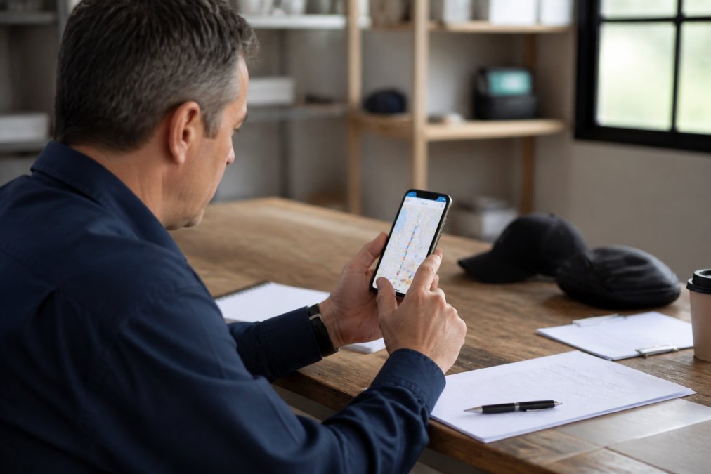 Service business manager monitoring real-time GPS tracking of field crews on a mobile device in office setting, displaying live location updates and crew positions on digital map with appointment details