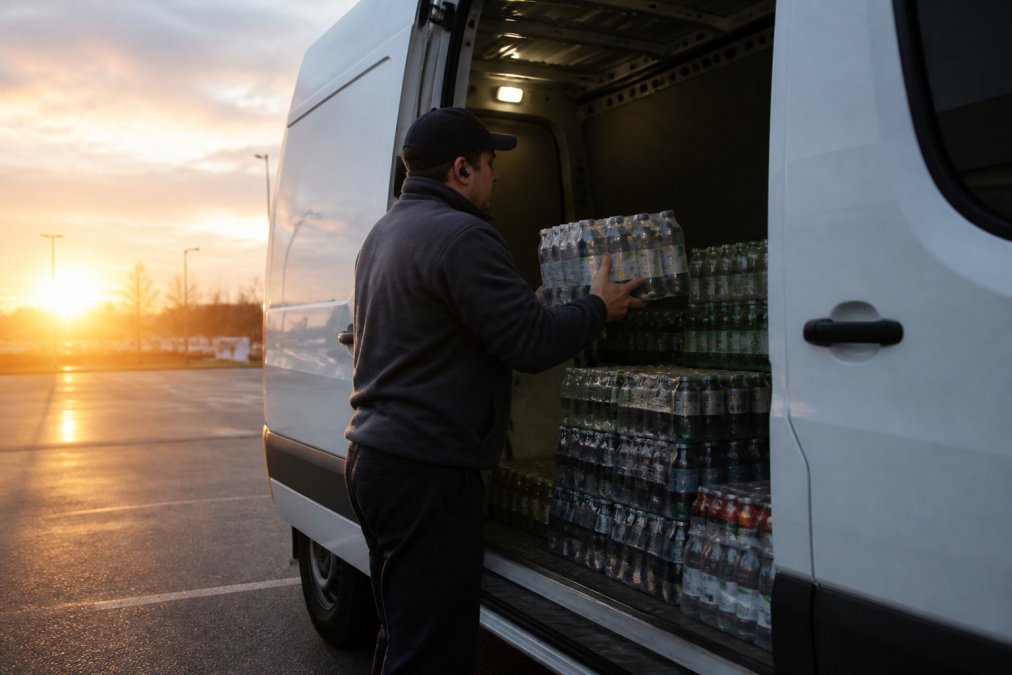 Route sales driver loading product cases into a delivery vehicle at dawn, with the vehicle's side door open and merchandise organized in the cargo area