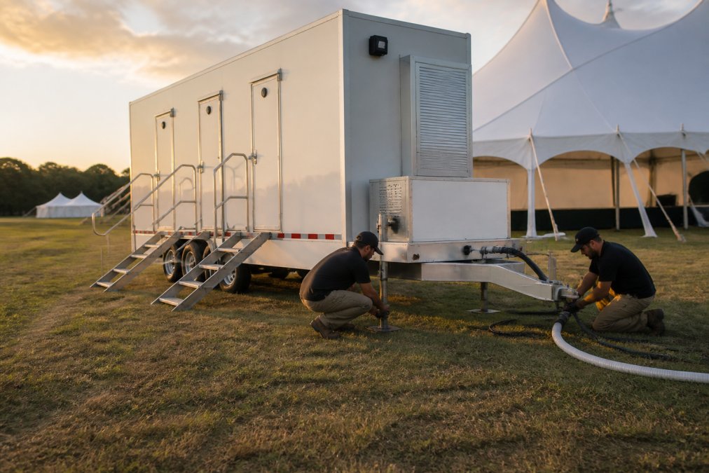 A delivery team positioning a modern white restroom trailer on a grassy event site near a large tent, with two staff members checking the leveling system and hose connections in late afternoon light