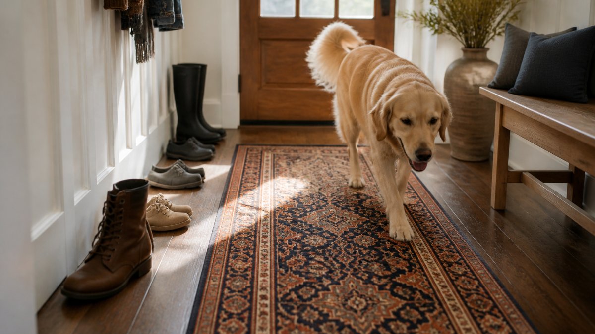 Infographic illustrating the durability of rug materials in a busy sunlit entryway with a dog and shoes.