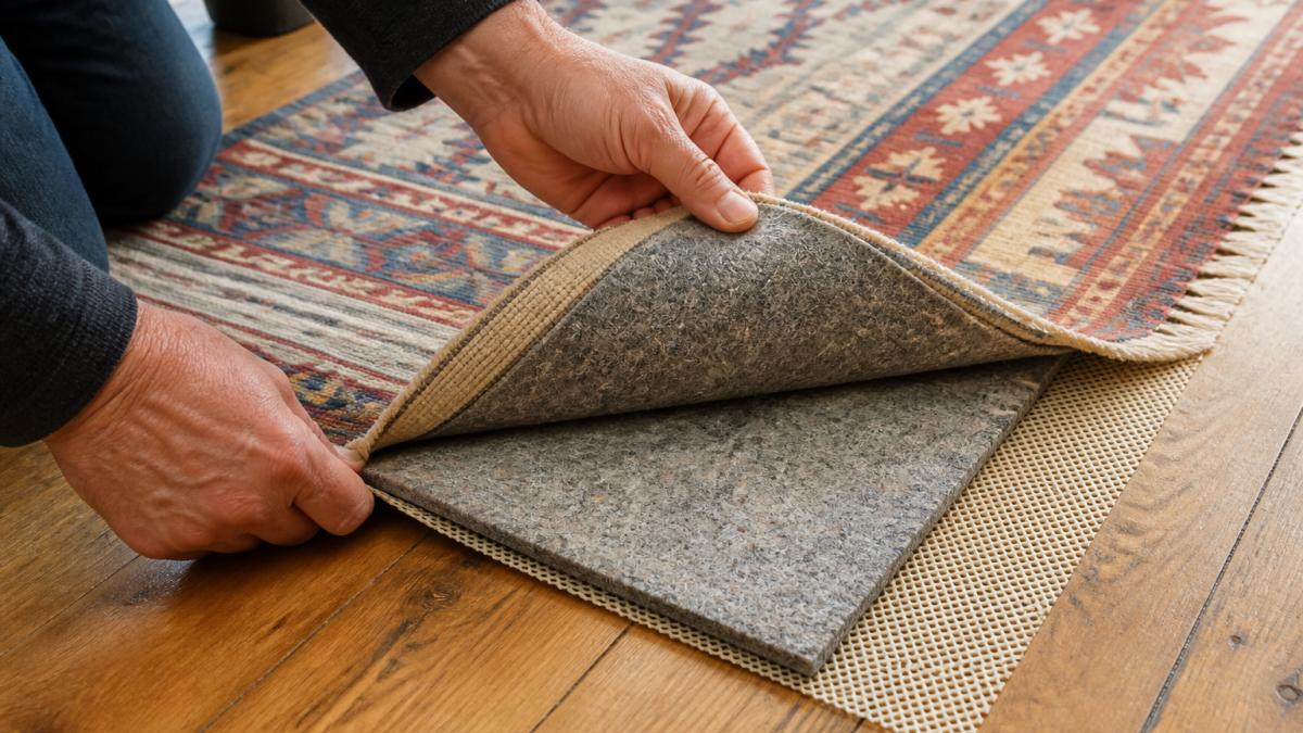 Hands carefully positioning a felt-backed rug pad under an antique hand-knotted kilim, showing the layered texture of felt and rubber materials in natural light