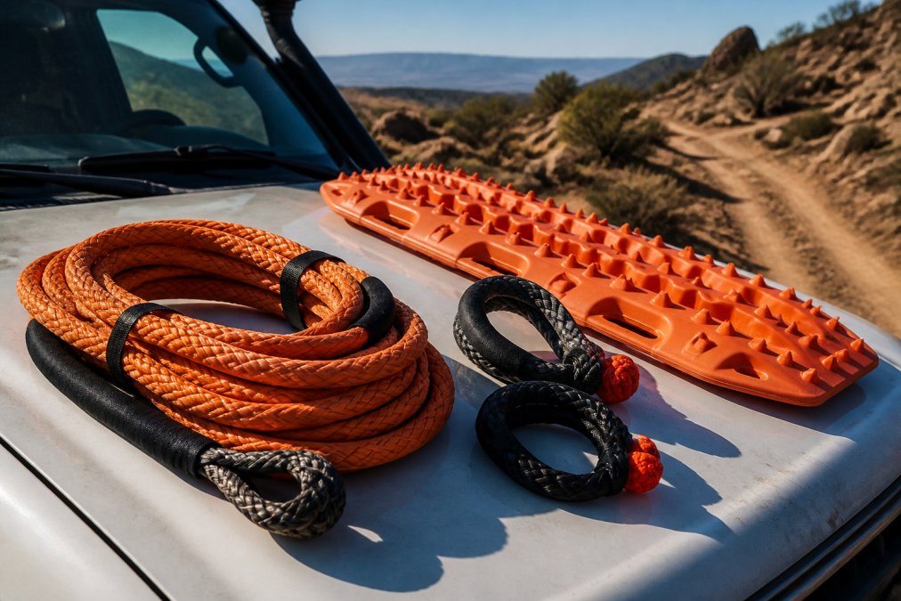 Close-up of kinetic recovery rope, soft shackles, and traction boards laid out on the hood of a truck in a desert trail setting, with morning sunlight casting shadows