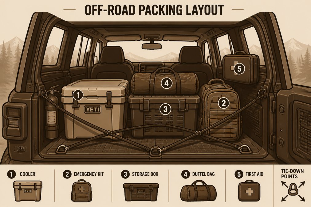 Interior view of a fully loaded off-road vehicle showing organized gear storage with cooler placement, emergency kit positioning, and secured tie-downs in natural daylight