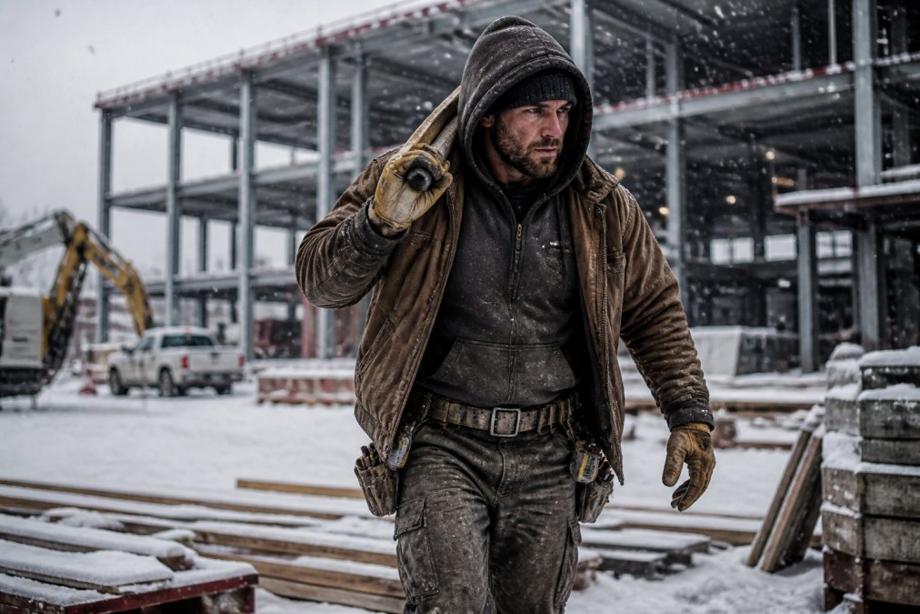 Construction worker on a snowy job site wearing a heavyweight hoodie under a winter jacket, moving actively while carrying tools, showing real-world durability and fit in harsh conditions