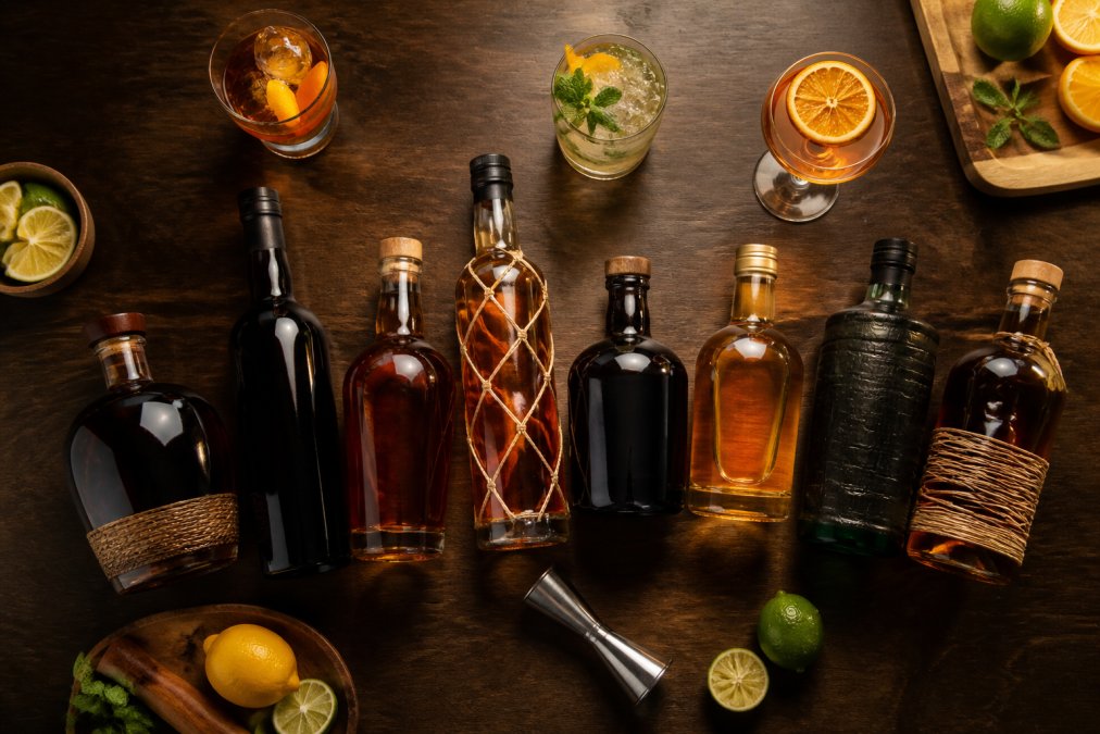 Flat-lay overhead shot of eight rum bottles arranged on a dark wood bar surface alongside cocktail glasses, a jigger, and fresh citrus garnishes, with warm amber lighting casting soft shadows across the labels