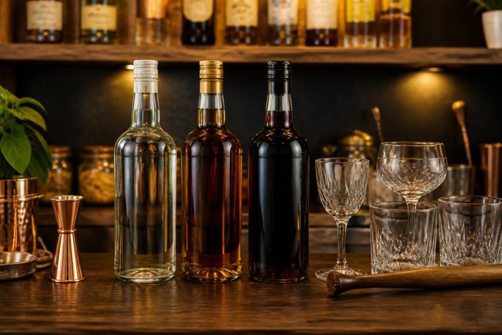 A well-organized home bar shelf displaying white, gold, and dark rum bottles with clean labels visible, alongside polished cocktail glasses, a copper jigger, and a muddler arranged on a dark wood surface under warm overhead lighting