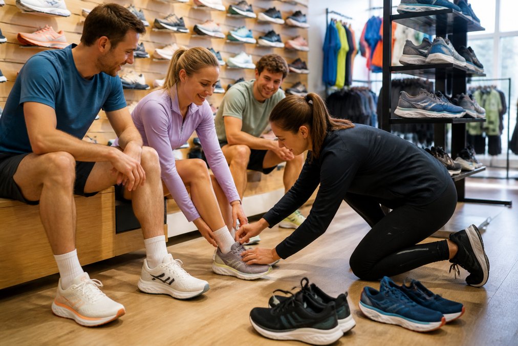 A group of beginner runners trying on different running shoes in a bright, modern sports shop, with a sales assistant helping them check the fit