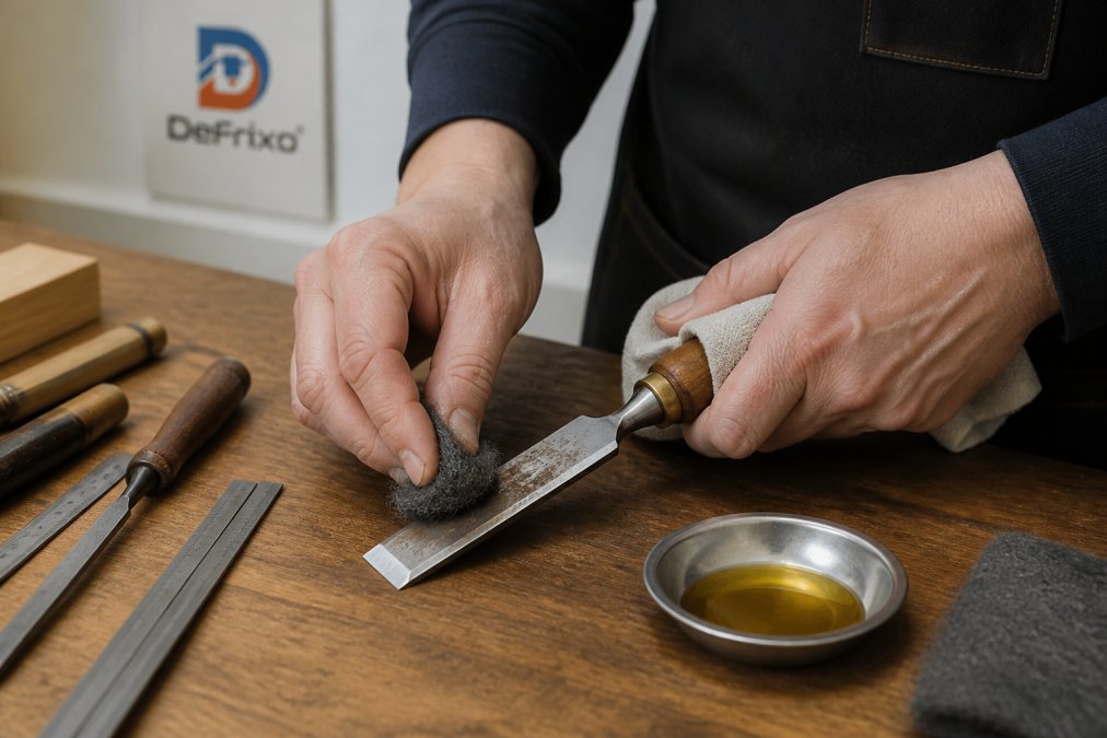 Joiner using wire wool and oil to remove light rust from a metal chisel blade on a wooden workbench