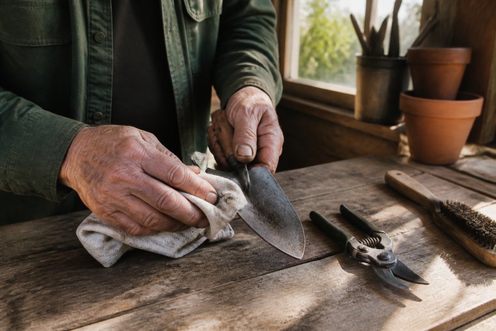 Weathered hands wiping a metal garden trowel with a dry cloth on a wooden workbench inside a sunny shed
