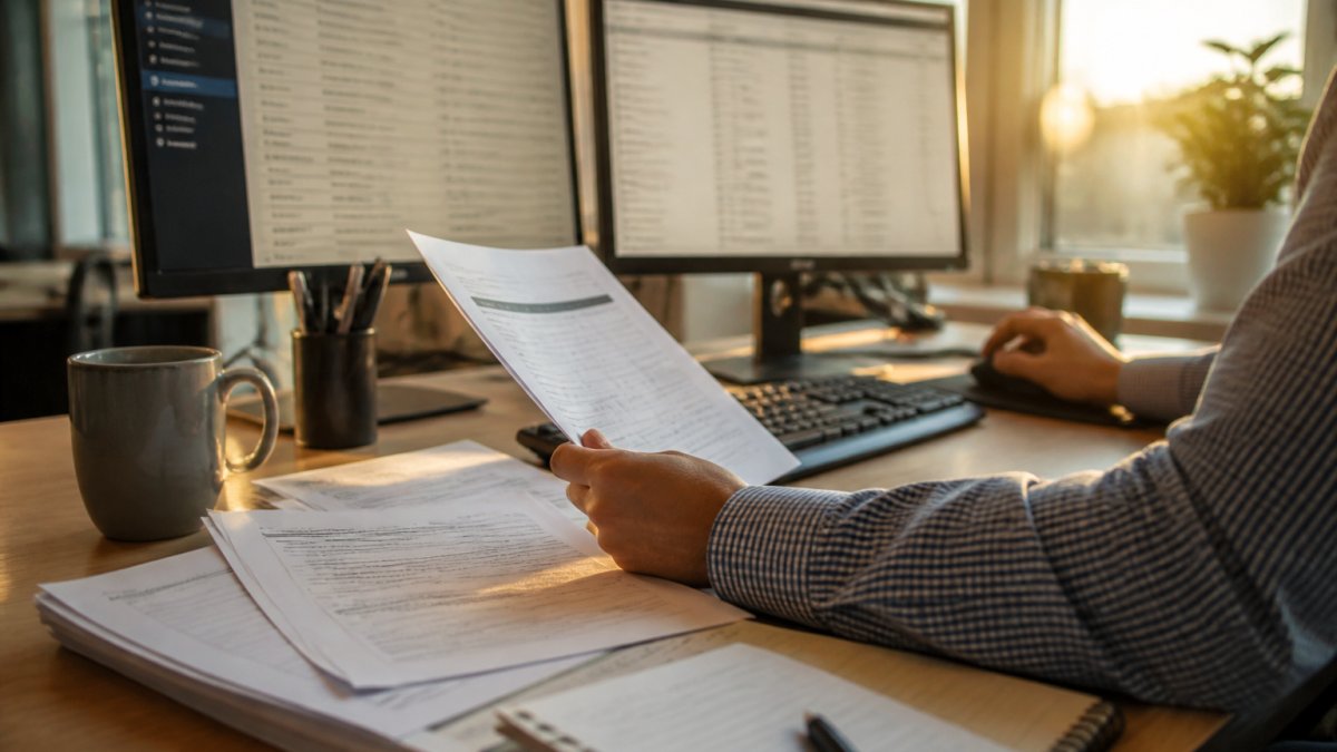 A security analyst at a desk reviewing compliance evidence on two monitors, with printed audit reports and a notebook beside the keyboard in a modern office