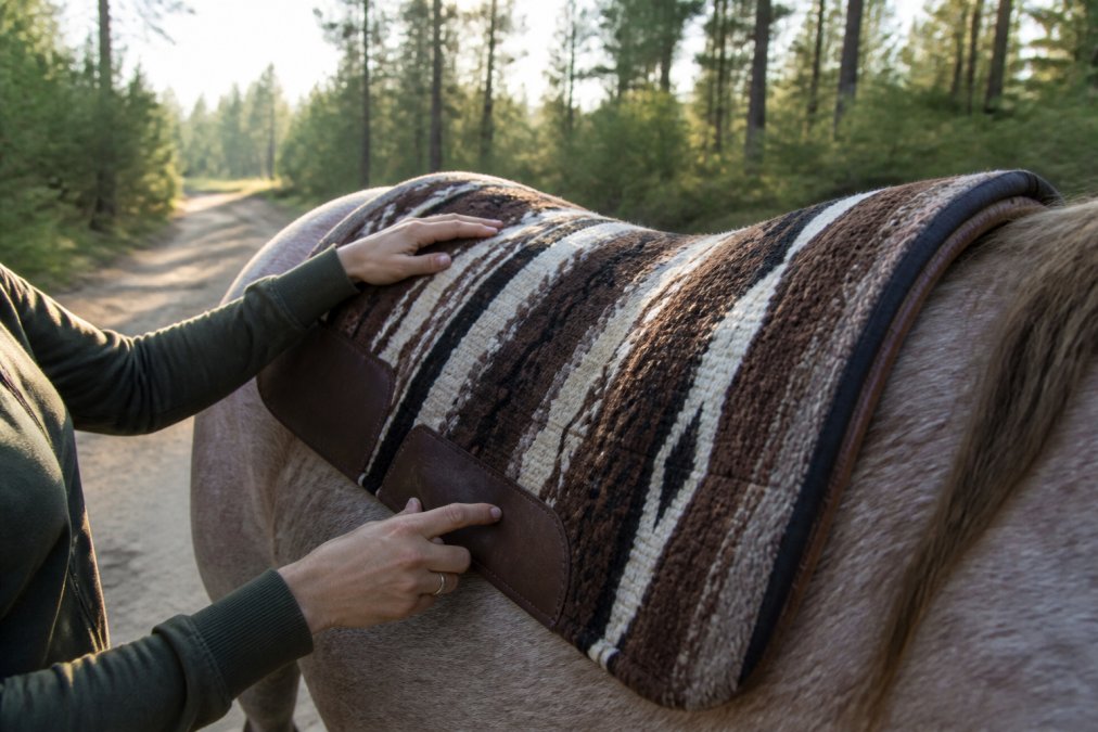 Close-up photograph of a western saddle pad resting on a horse's back, trail visible in the background, rider's hands adjusting the pad before mounting in morning light