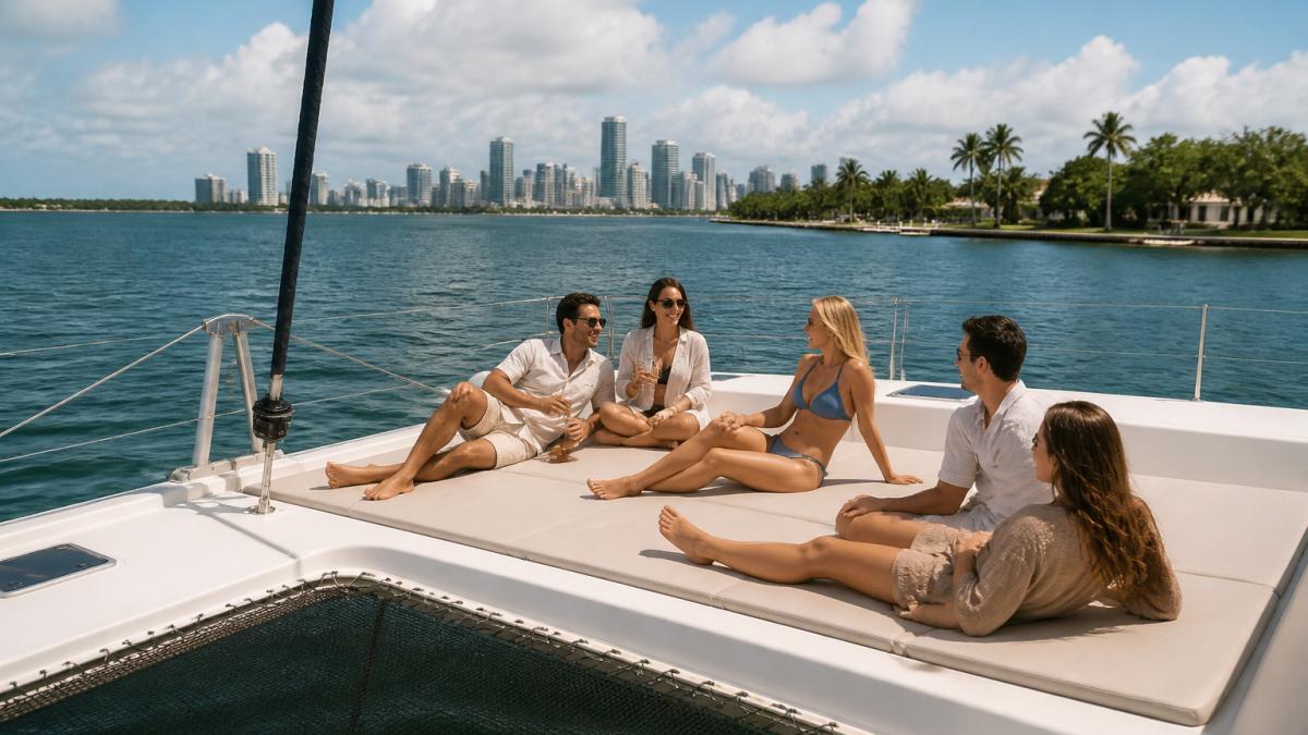 Guests relaxing on the spacious sunpads of a sailing catamaran cruising across Biscayne Bay under a sunny sky