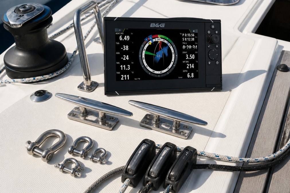 Overhead deck view of stainless steel cleats, shackles, and anodized aluminum hardware mounted on a sailboat's deck, showing corrosion resistance and marine-grade construction in bright daylight