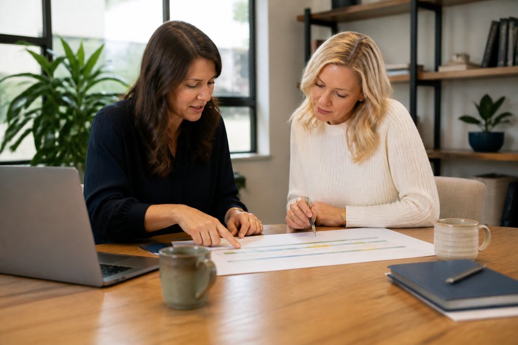 A consultant and small business founder reviewing a printed sales pipeline on a desk in a bright office, laptop open and coffee cups nearby