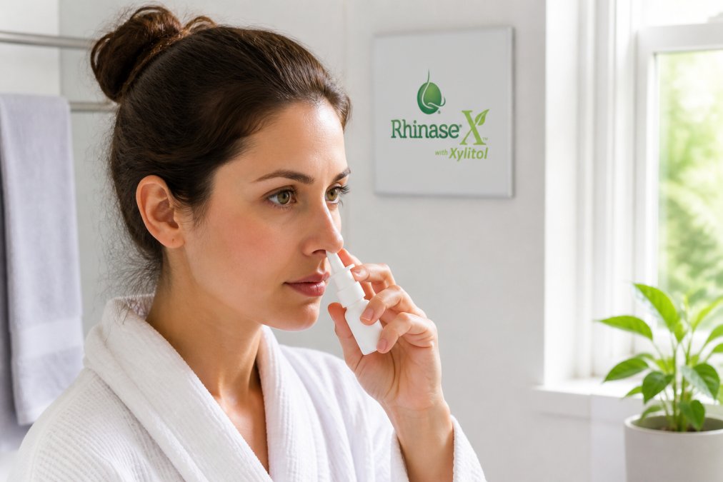 Close-up of a person's hands holding a small white saline nasal spray bottle near their nose, demonstrating proper spray technique in a bright bathroom with natural window light