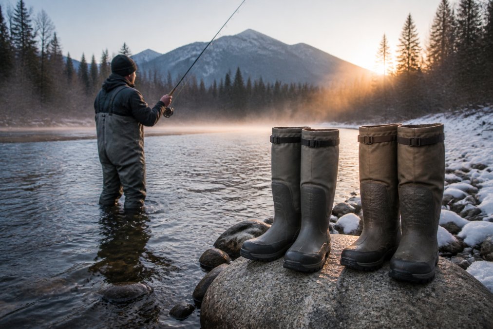 Angler in chest waders standing in a cold Pacific Northwest river at dawn, holding a salmon rod, mist rising off the water, snow on the bank