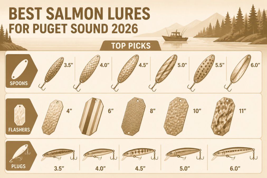 Professional illustration showing best salmon lures for puget sound 2026