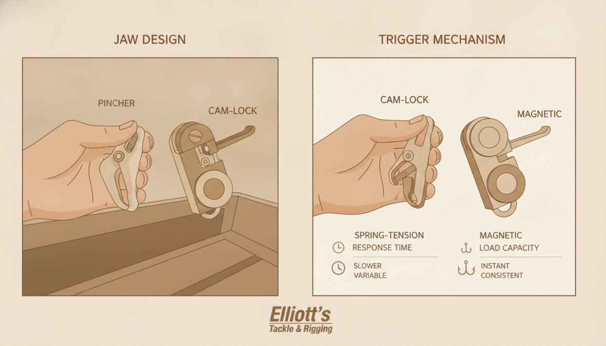 Close-up of a hand holding multiple downrigger release clips side-by-side, showing different jaw designs, rubber pads, and trigger mechanisms in natural fishing boat lighting