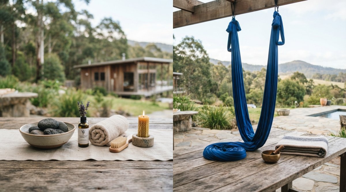 Aerial view of serene wellness retreat nestled in bushland with spa facilities, accommodation buildings, and meditation gardens visible among native trees and mountain backdrop